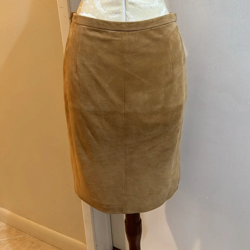 Shanghai Tang Suede Vintage Camel Lined Side Slit Zip Up Midi Skirt 6